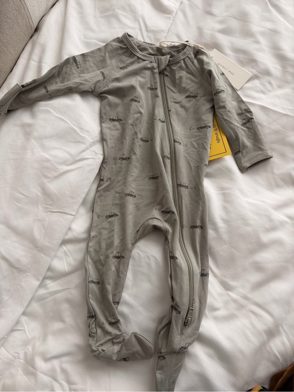 Quincy Mae Sage Green Zip Footie with Car Print